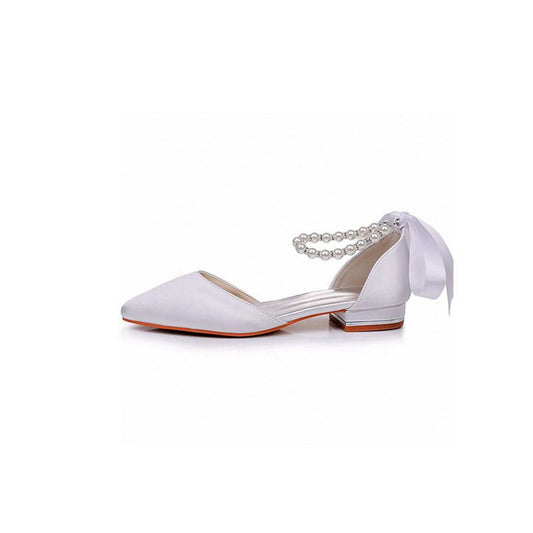 Satin Beaded Ribbon Low Heels Bridal Shoes
