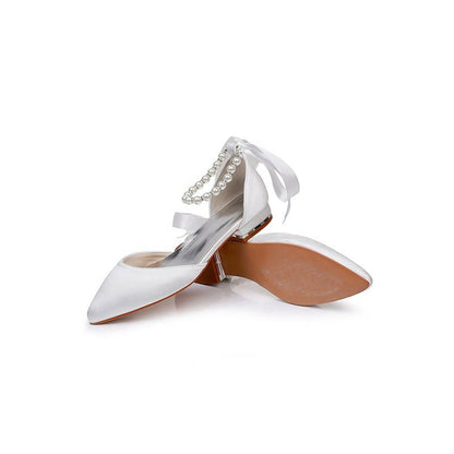 Satin Beaded Ribbon Low Heels Bridal Shoes