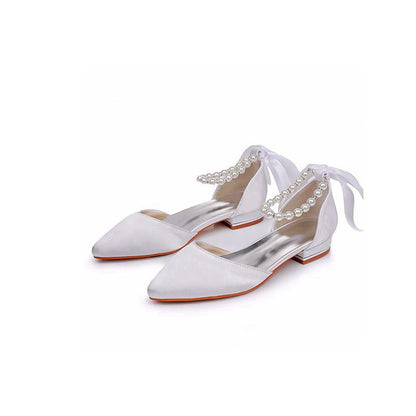 Satin Beaded Ribbon Low Heels Bridal Shoes
