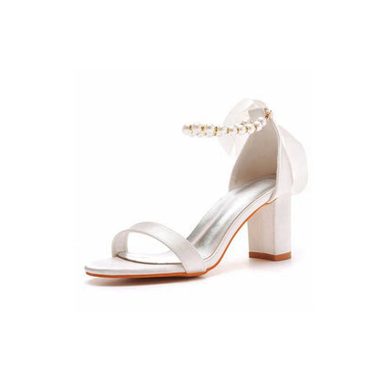 Elegant Pearl Ribbon Tie Satin Open Toe Ankle Strap Block High Heels