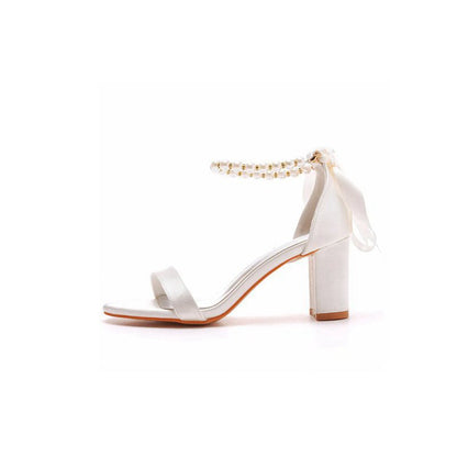 Elegant Pearl Ribbon Tie Satin Open Toe Ankle Strap Block High Heels