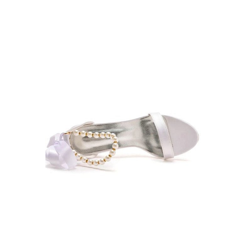 Elegant Pearl Ribbon Tie Satin Open Toe Ankle Strap Block High Heels