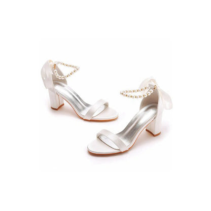 Elegant Pearl Ribbon Tie Satin Open Toe Ankle Strap Block High Heels