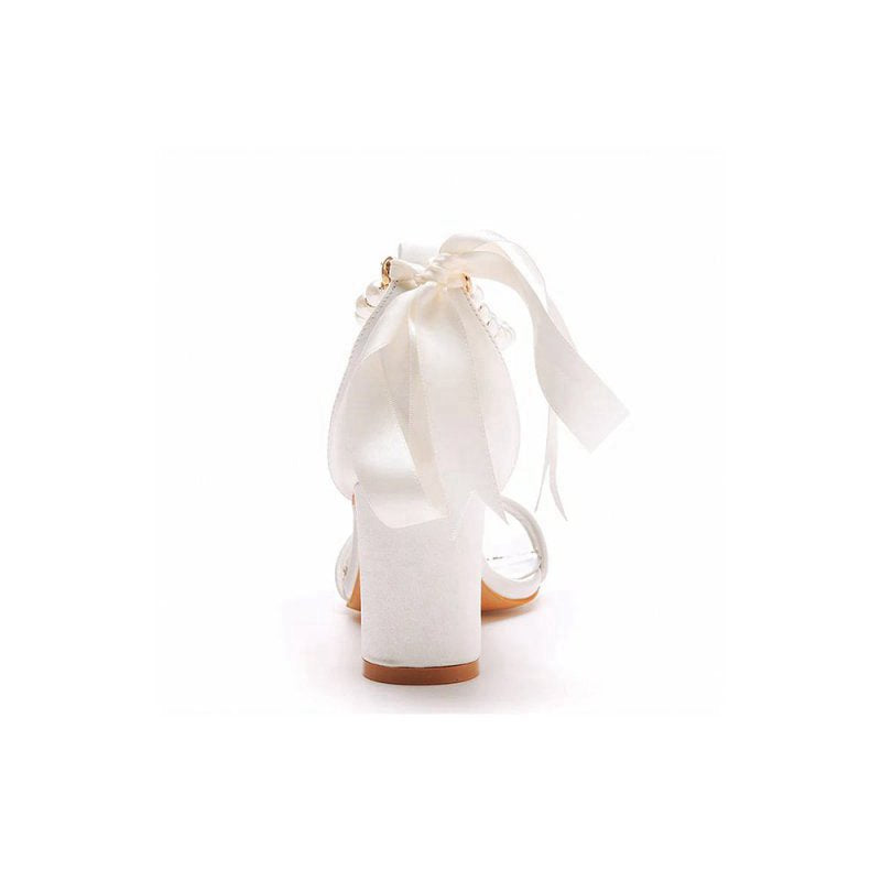 Elegant Pearl Ribbon Tie Satin Open Toe Ankle Strap Block High Heels