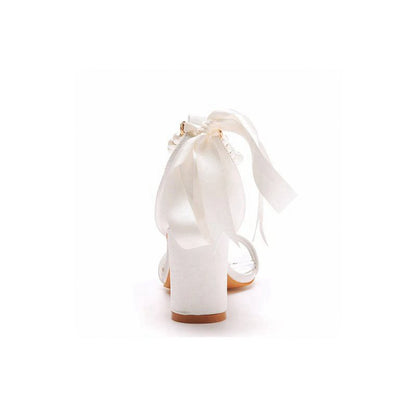 Elegant Pearl Ribbon Tie Satin Open Toe Ankle Strap Block High Heels