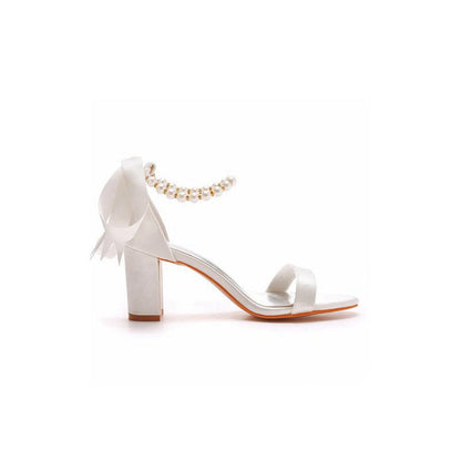Elegant Pearl Ribbon Tie Satin Open Toe Ankle Strap Block High Heels