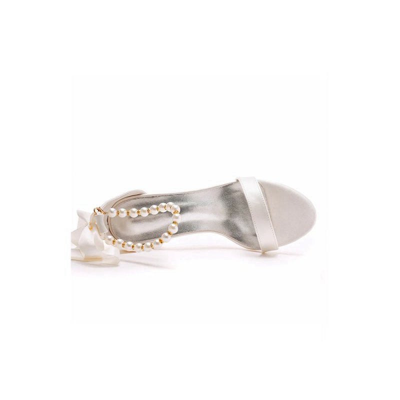 Elegant Pearl Ribbon Tie Satin Open Toe Ankle Strap Block High Heels