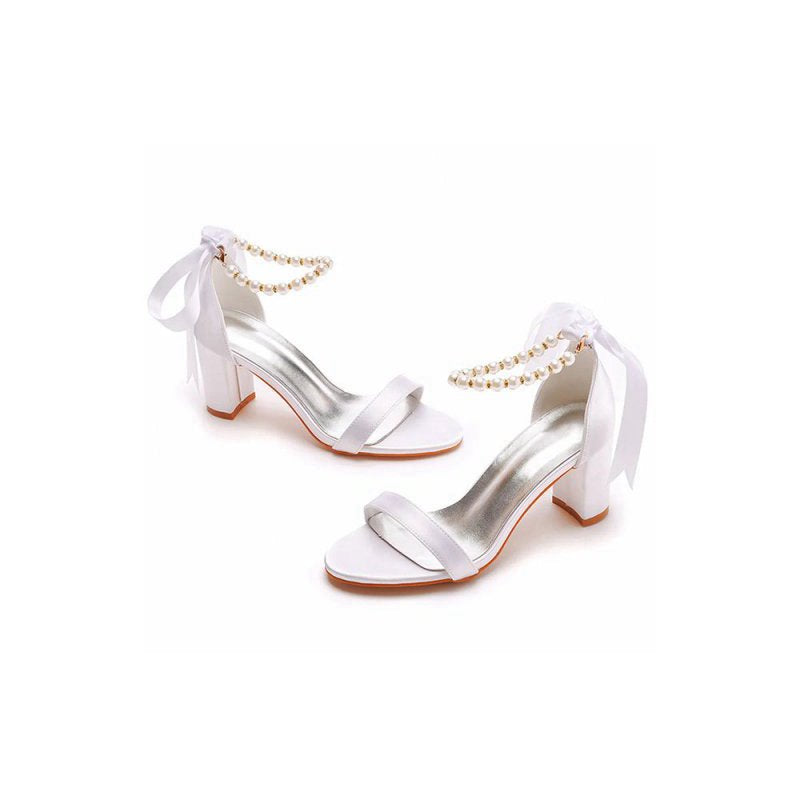Elegant Pearl Ribbon Tie Satin Open Toe Ankle Strap Block High Heels