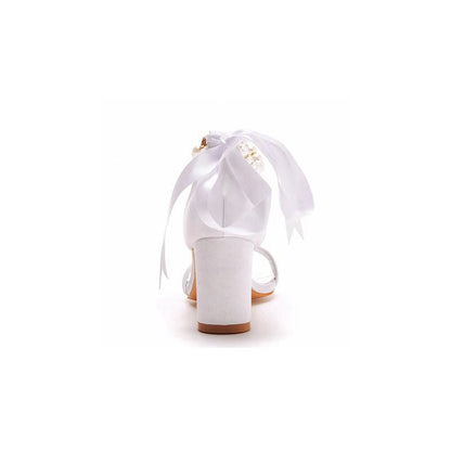 Elegant Pearl Ribbon Tie Satin Open Toe Ankle Strap Block High Heels