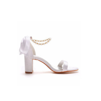 Elegant Pearl Ribbon Tie Satin Open Toe Ankle Strap Block High Heels