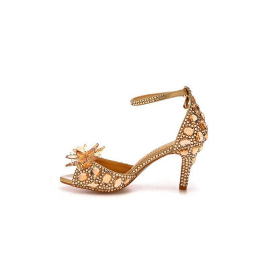 Crystal Rhinestone Decor Peep Toe Stiletto Ankle Strap High Heels