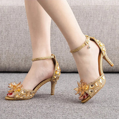 Crystal Rhinestone Decor Peep Toe Stiletto Ankle Strap High Heels