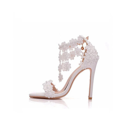 Lace Flowers Tassels Open Toe Ankle-strap Ultra High Heels