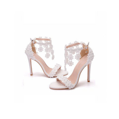 Lace Flowers Tassels Open Toe Ankle-strap Ultra High Heels