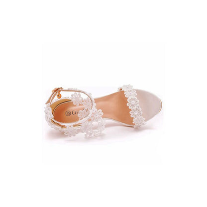 Lace Flowers Tassels Open Toe Ankle-strap Ultra High Heels
