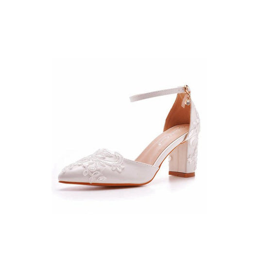 Pointed Toe Lace Ankle Strap Chunky Heels