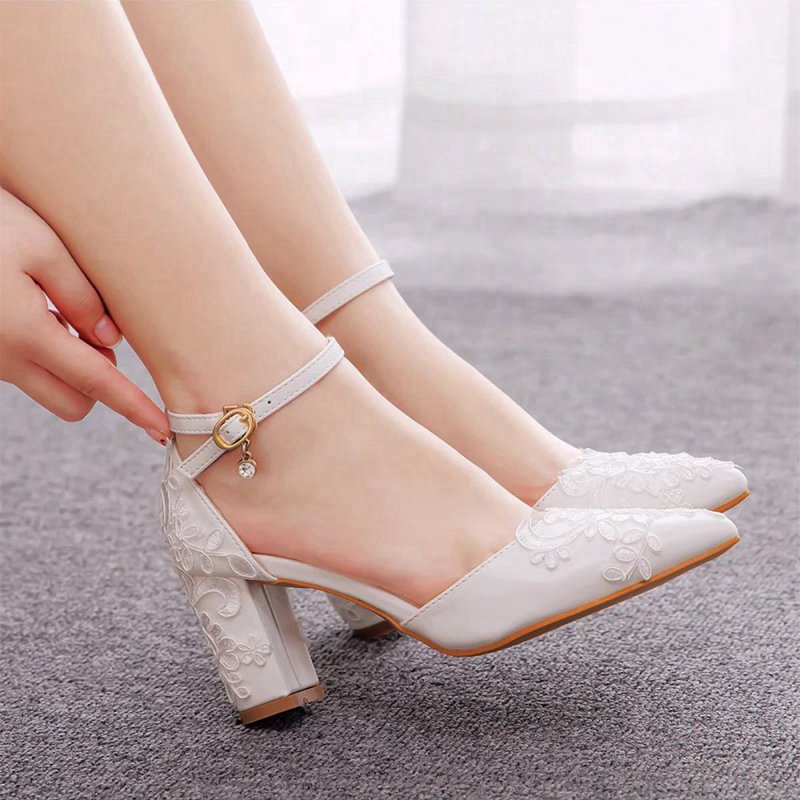 Pointed Toe Lace Ankle Strap Chunky Heels