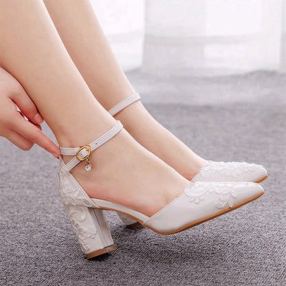 Pointed Toe Lace Ankle Strap Chunky Heels