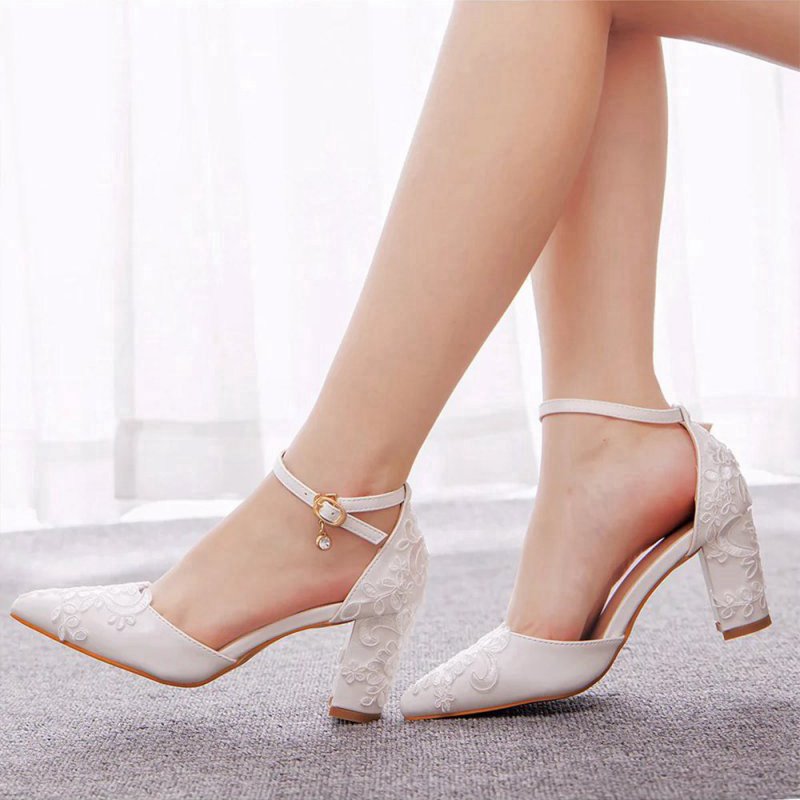 Pointed Toe Lace Ankle Strap Chunky Heels