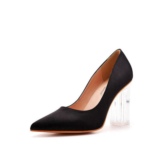 Simple Satin Slip on Pointed Toe Transparent Block Heels