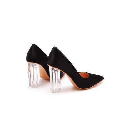 Simple Satin Slip on Pointed Toe Transparent Block Heels