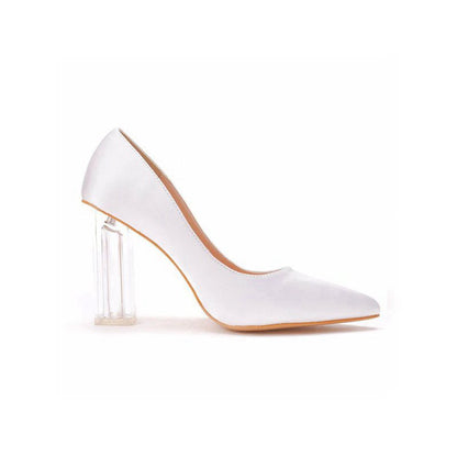 Simple Satin Slip on Pointed Toe Transparent Block Heels