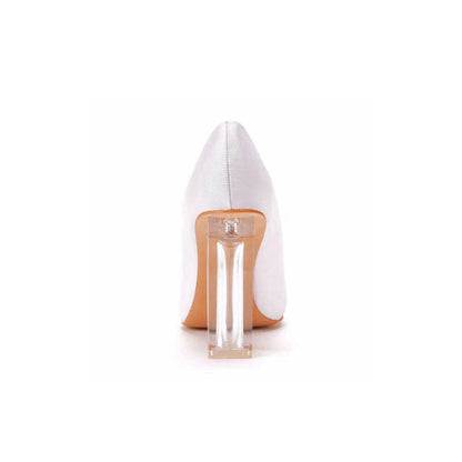 Simple Satin Slip on Pointed Toe Transparent Block Heels