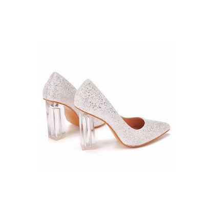 Simple Satin Slip on Pointed Toe Transparent Block Heels