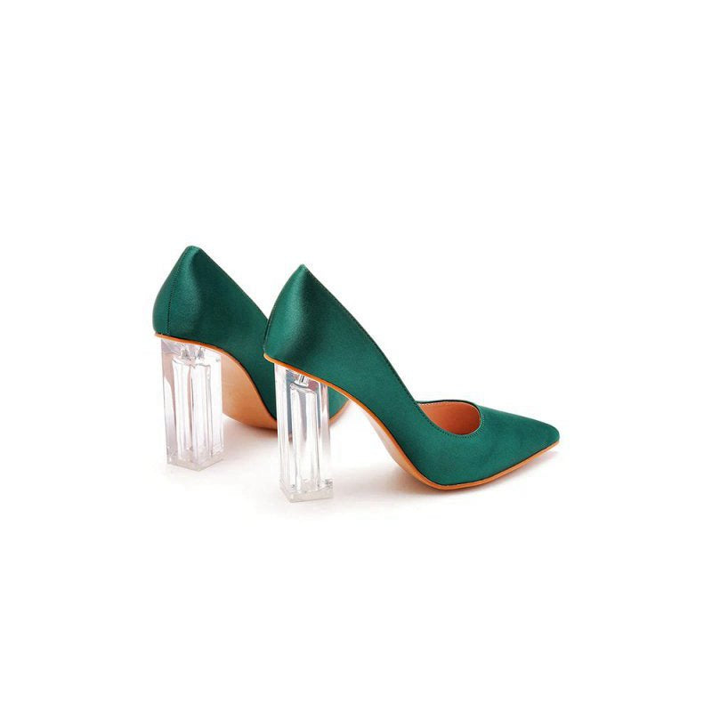 Simple Satin Slip on Pointed Toe Transparent Block Heels