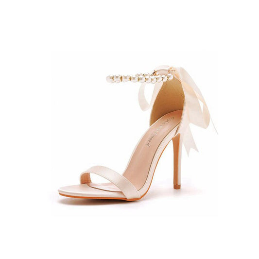 Satin Pearl Open Toe Ankle Strap High Heels