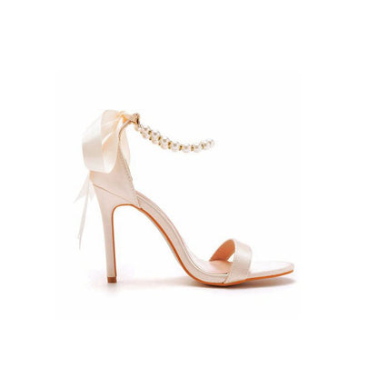 Satin Pearl Open Toe Ankle Strap High Heels