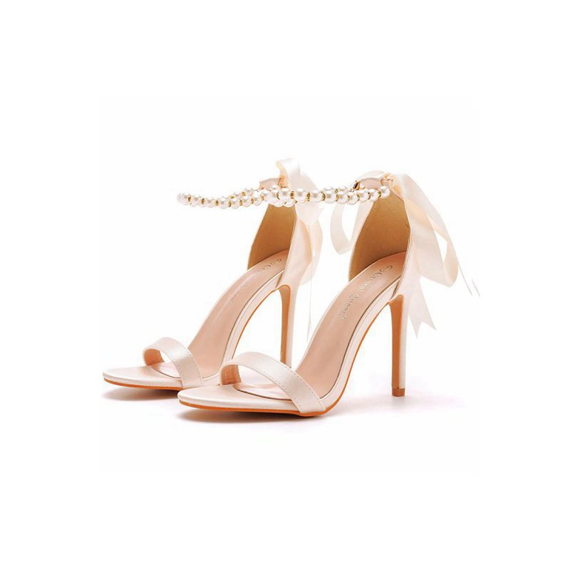 Satin Pearl Open Toe Ankle Strap High Heels