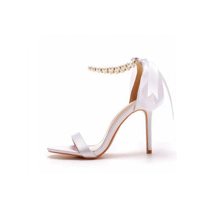 Satin Pearl Open Toe Ankle Strap High Heels
