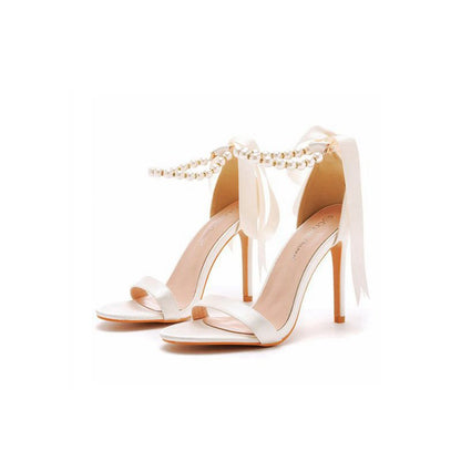 Satin Pearl Open Toe Ankle Strap High Heels