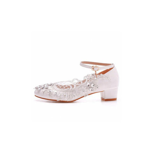 Round Toe Lace Rhinestones Ankle Strap Chunky Heel Wedding Shoes
