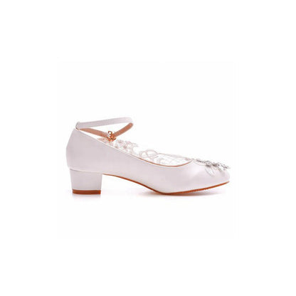 Round Toe Lace Rhinestones Ankle Strap Chunky Heel Wedding Shoes