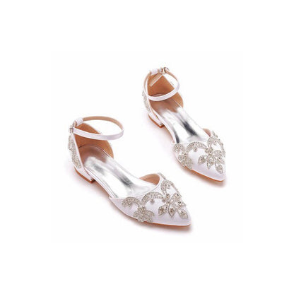 Satin Rhinestone Flowers Pointed Toe Ankle Strap Chunky Heels