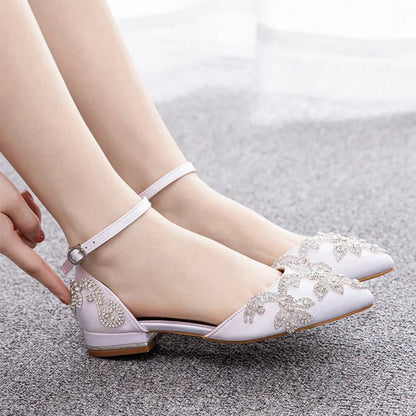 Satin Rhinestone Flowers Pointed Toe Ankle Strap Chunky Heels