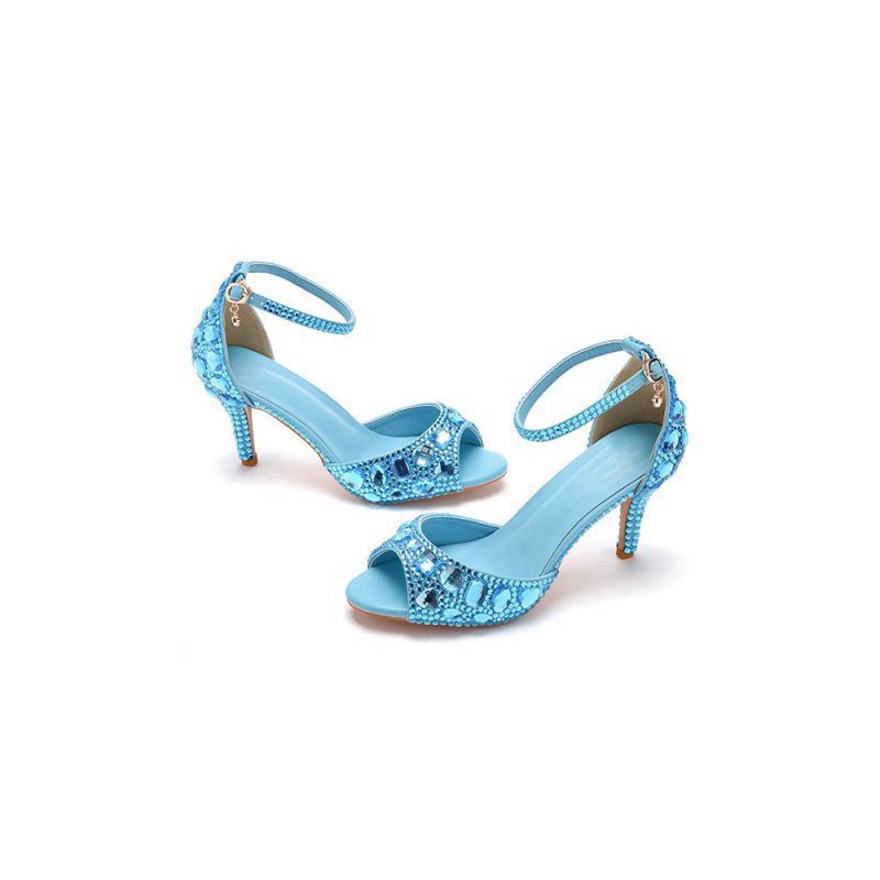 Crystal Rhinestone Peep Toe High Heels Ankle Strap Sandals