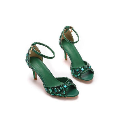 Crystal Rhinestone Peep Toe High Heels Ankle Strap Sandals