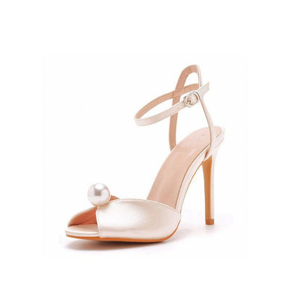Satin Pearl Peep Toe Stiletto Ankle Strap Buckle Ultra High Heels