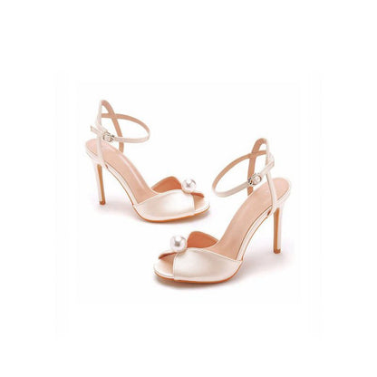 Satin Pearl Peep Toe Stiletto Ankle Strap Buckle Ultra High Heels