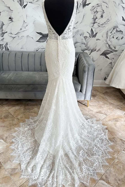 Lace Open Back Mermaid Long Wedding Dresses