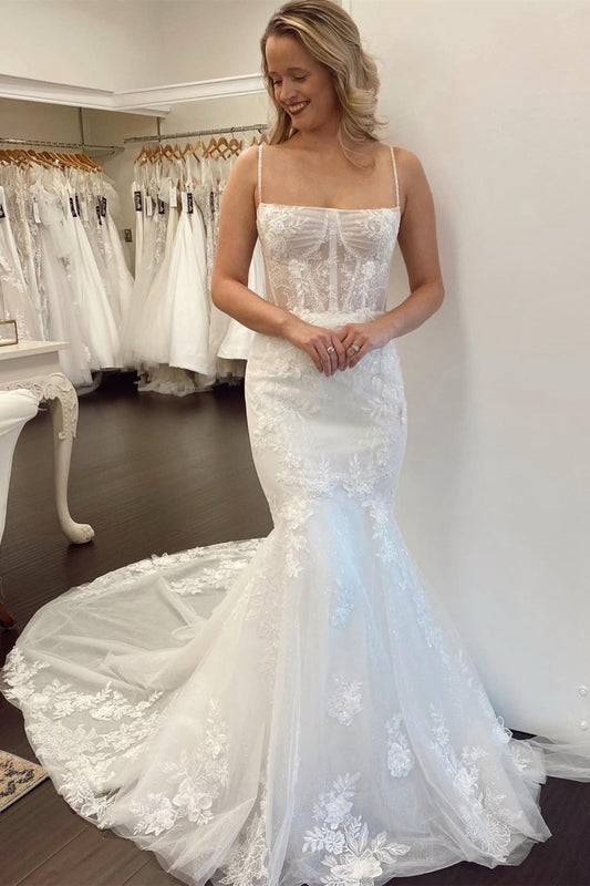 Lace Spaghetti Straps Mermaid Long Wedding Dresses