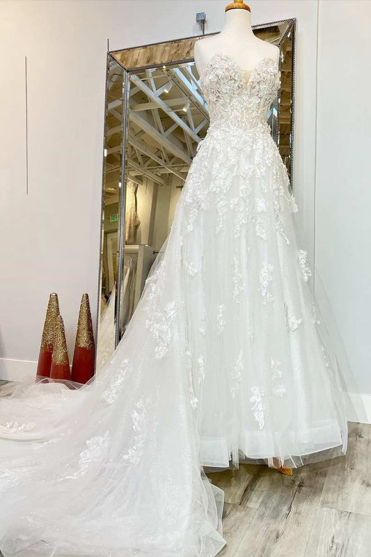A-line Floral Applique Sweetheart Long Wedding Dresses with Sweep Train