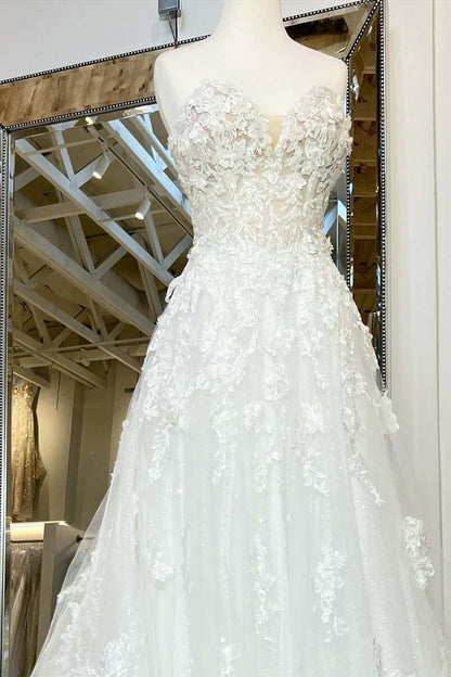 A-line Floral Applique Sweetheart Long Wedding Dresses with Sweep Train
