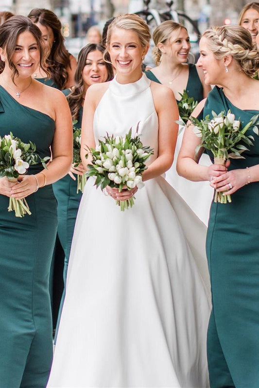 Halter A-line Satin Wedding Dresses with Buttons