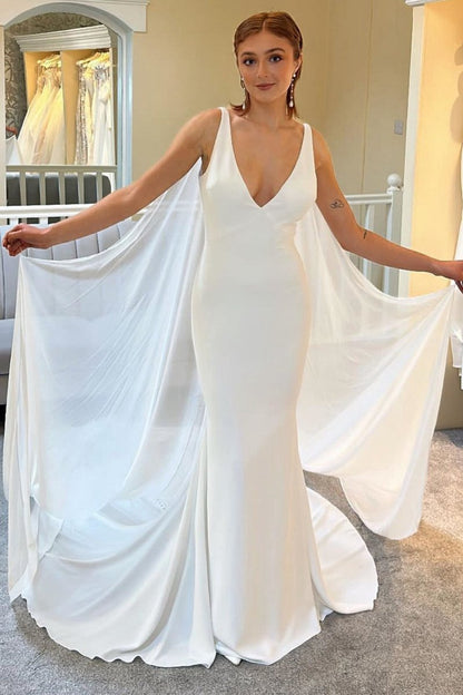 Plunge V Mermaid Long Wedding Dresses with Detachable Cape