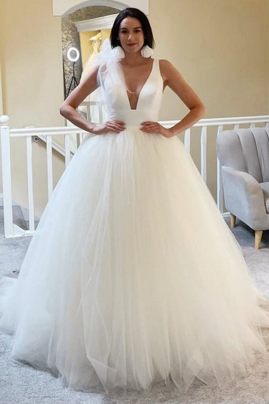 A-line Tulle Plunge V Open Back Wedding Dresses
