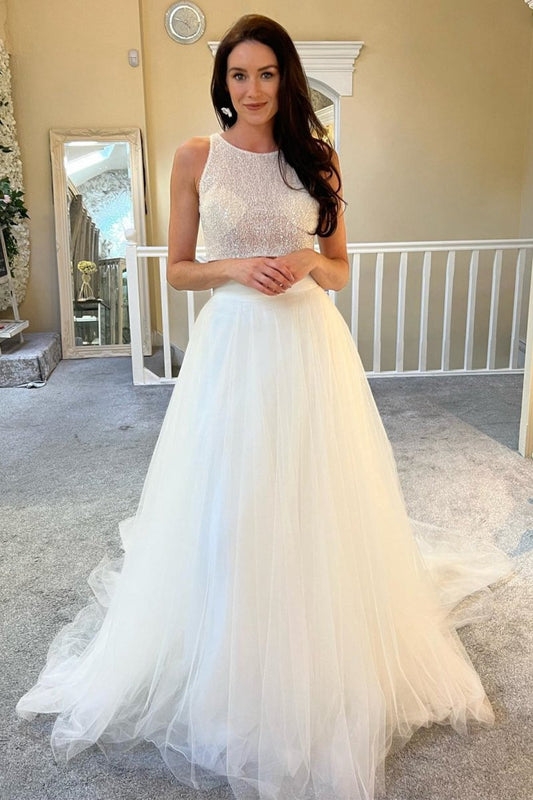 A-line Two-Piece Beaded A-line Long Wedding Dresses
